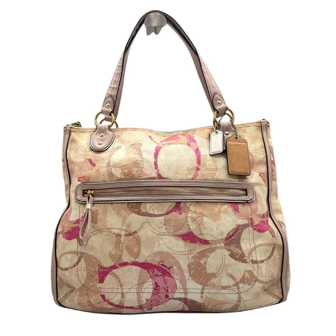 コーチ　トートバッグ　ピンク　シグネチャー　ワンショルダー　キャンバス　s14　ハンドバッグ　肩掛け可　肩かけ可　A4収納　レザー　本革　ベージュ　ゴールド金具　ロゴタグ　23377