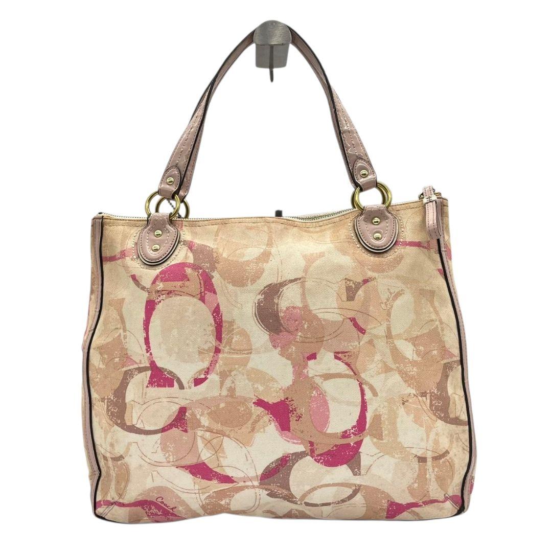 コーチ　トートバッグ　ピンク　シグネチャー　ワンショルダー　キャンバス　s14　ハンドバッグ　肩掛け可　肩かけ可　A4収納　レザー　本革　ベージュ　ゴールド金具　ロゴタグ　23377