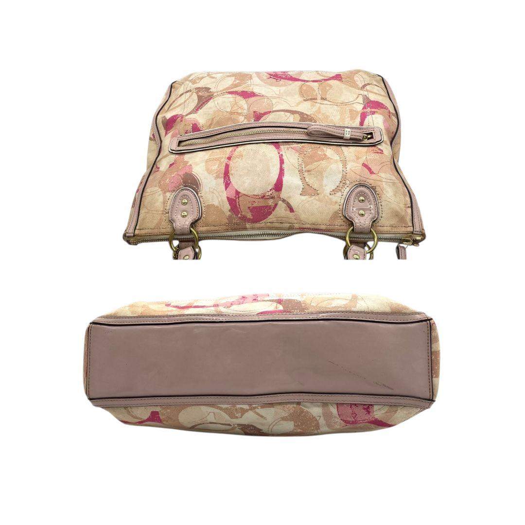 コーチ　トートバッグ　ピンク　シグネチャー　ワンショルダー　キャンバス　s14　ハンドバッグ　肩掛け可　肩かけ可　A4収納　レザー　本革　ベージュ　ゴールド金具　ロゴタグ　23377