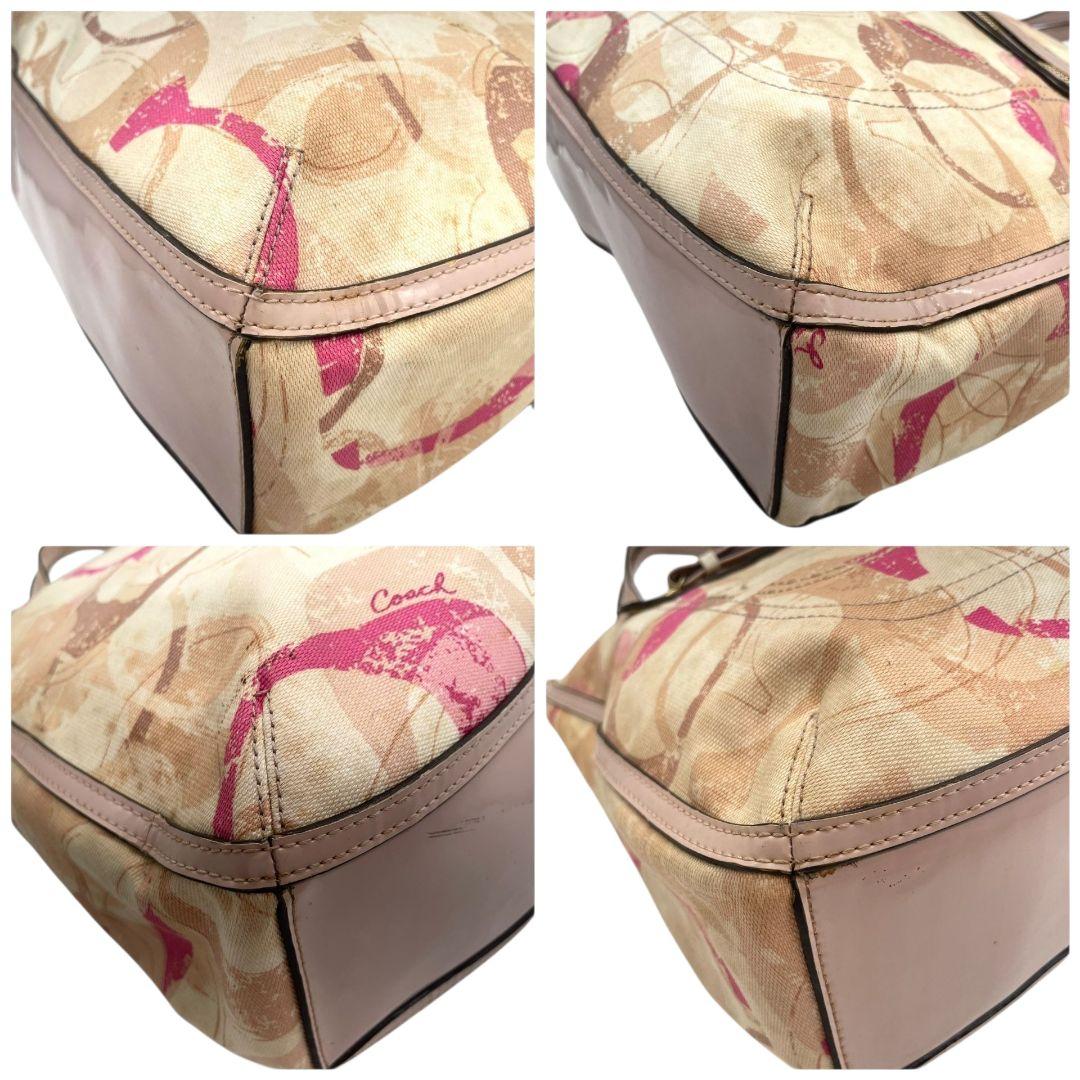 コーチ　トートバッグ　ピンク　シグネチャー　ワンショルダー　キャンバス　s14　ハンドバッグ　肩掛け可　肩かけ可　A4収納　レザー　本革　ベージュ　ゴールド金具　ロゴタグ　23377