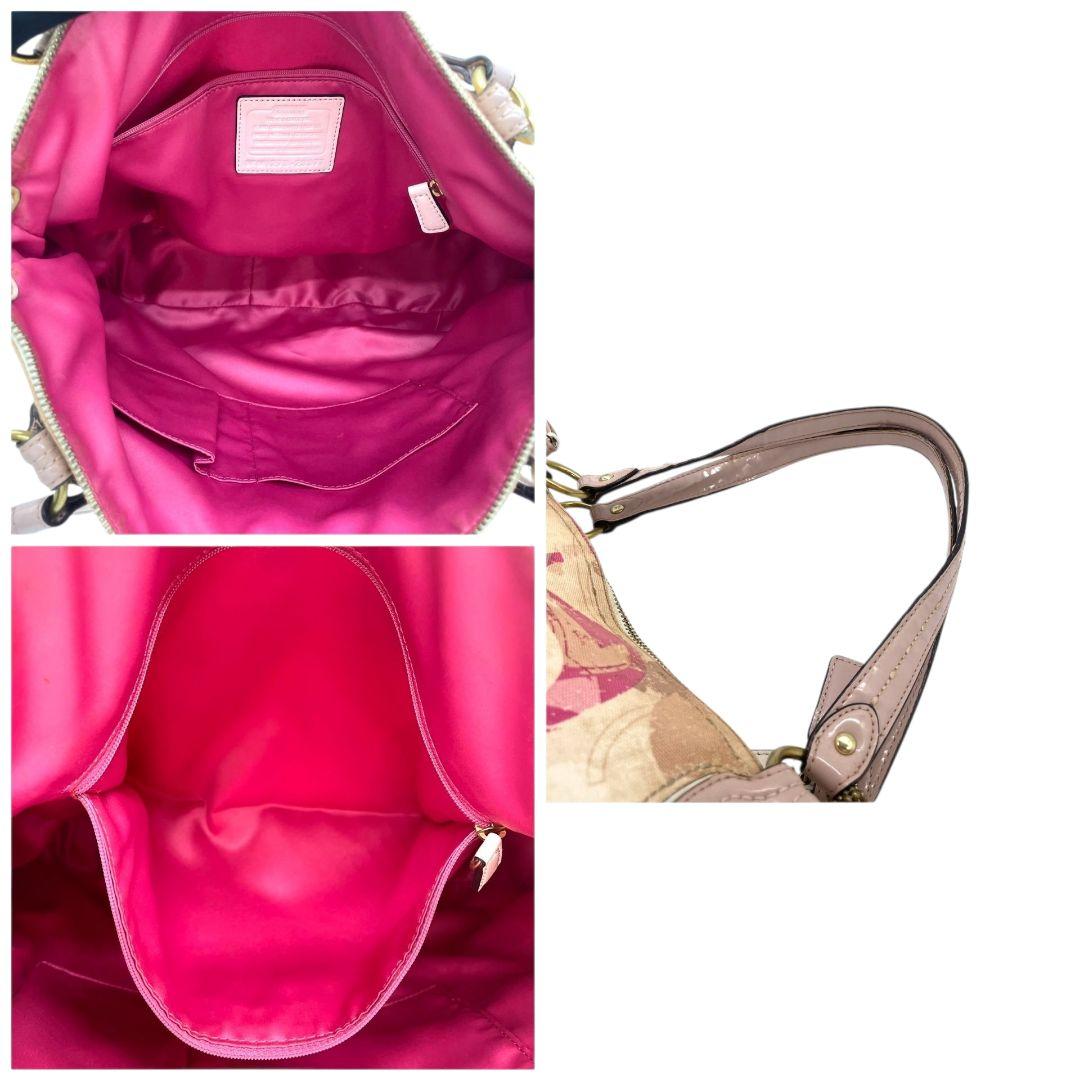 コーチ　トートバッグ　ピンク　シグネチャー　ワンショルダー　キャンバス　s14　ハンドバッグ　肩掛け可　肩かけ可　A4収納　レザー　本革　ベージュ　ゴールド金具　ロゴタグ　23377