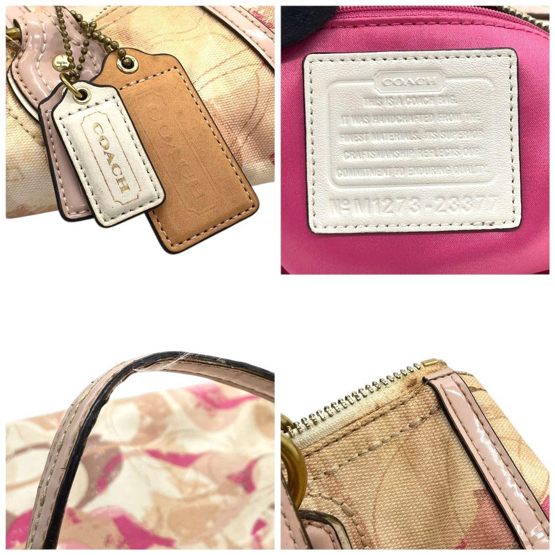 コーチ　トートバッグ　ピンク　シグネチャー　ワンショルダー　キャンバス　s14　ハンドバッグ　肩掛け可　肩かけ可　A4収納　レザー　本革　ベージュ　ゴールド金具　ロゴタグ　23377