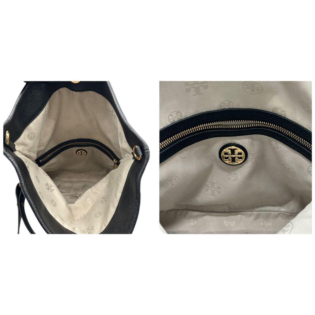 美品 トリーバーチ ショルダーバッグ 黒 デカロゴ フラップ s10 本革 A4収納 斜め掛け可 ブラック ゴールド金具 Tory Burch 上品 高級感