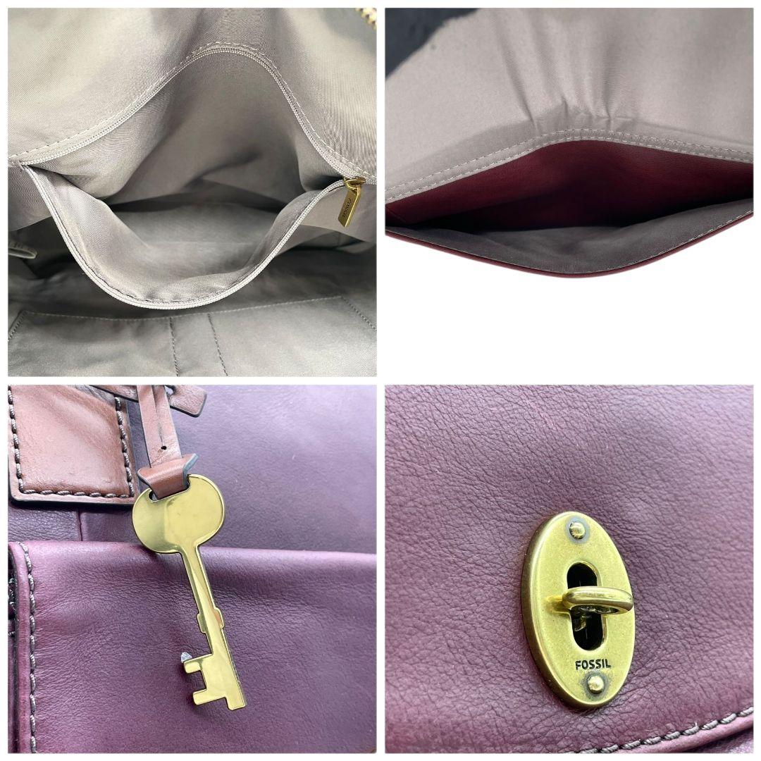 フォッシル FOSSIL トートバッグ 紫 パープル A4収納 ワンショルダー レザー 本革 フラップ 肩掛け可 ハンドバッグ ゴールド金具 ターンロック チャーム付き T1 レディース