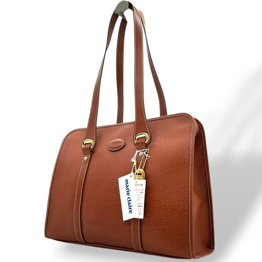 極美品　マリクレール　ハンドバッグ　茶　ロゴ　ワンショルダー　レザー　X2　トートバッグ　肩掛け可　肩かけ可　ブラウン　本革　ゴールド金具　チャーム付き　marie claire