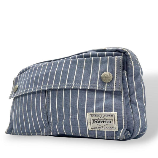 美品 ポーター ショルダーバッグ 水色 ブルー ヒッコリーストライプ ロゴ キャンバス 斜め掛け可 ウエストポーチ シルバー金具 PORTER オシャレ 本物保証 鑑定済 スピード発送