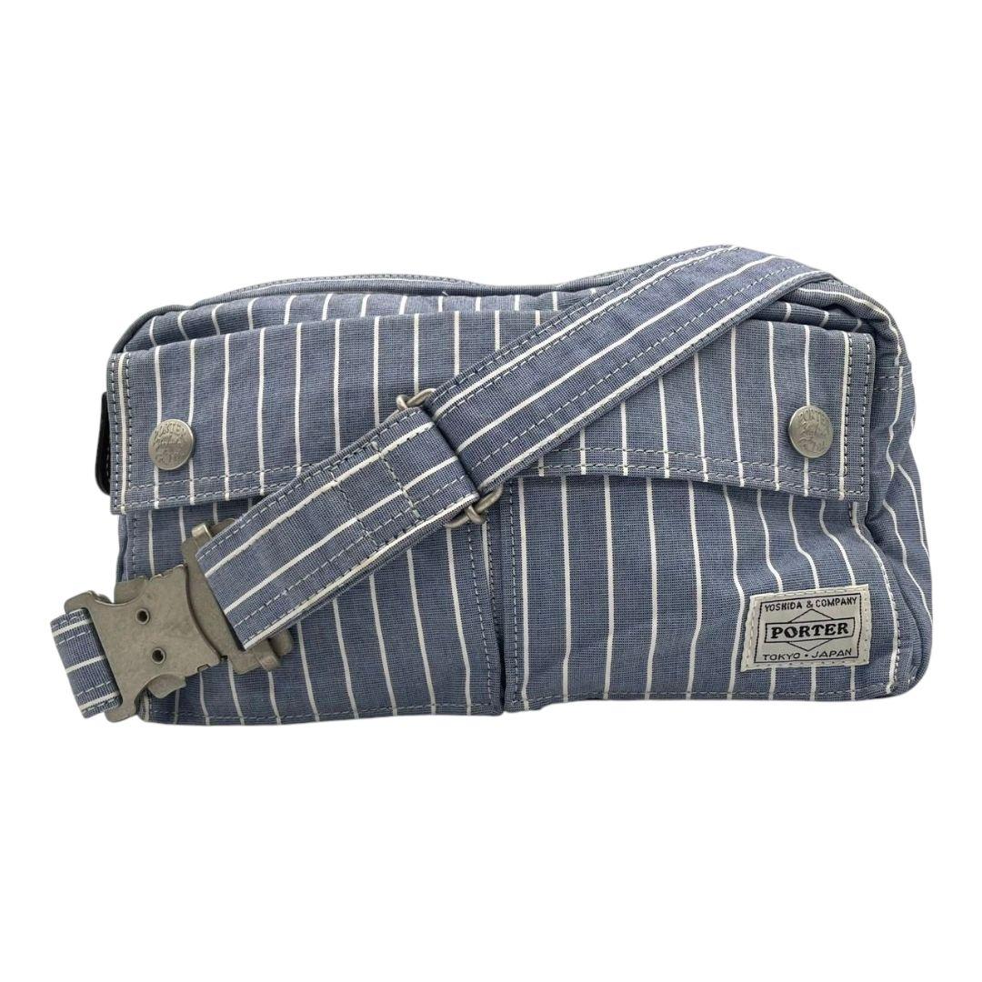 美品 ポーター ショルダーバッグ 水色 ブルー ヒッコリーストライプ ロゴ キャンバス 斜め掛け可 ウエストポーチ シルバー金具 PORTER オシャレ 本物保証 鑑定済 スピード発送