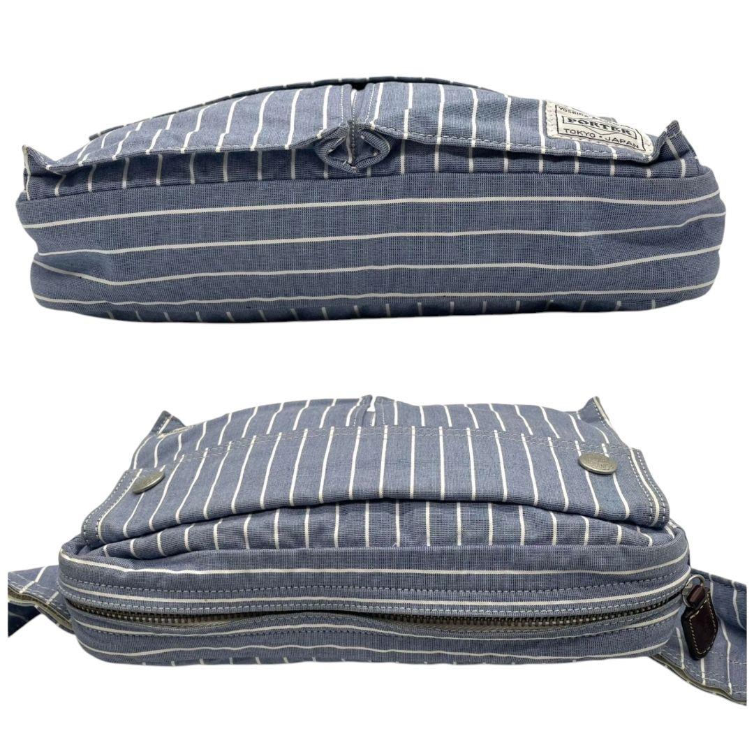 美品 ポーター ショルダーバッグ 水色 ブルー ヒッコリーストライプ ロゴ キャンバス 斜め掛け可 ウエストポーチ シルバー金具 PORTER オシャレ 本物保証 鑑定済 スピード発送