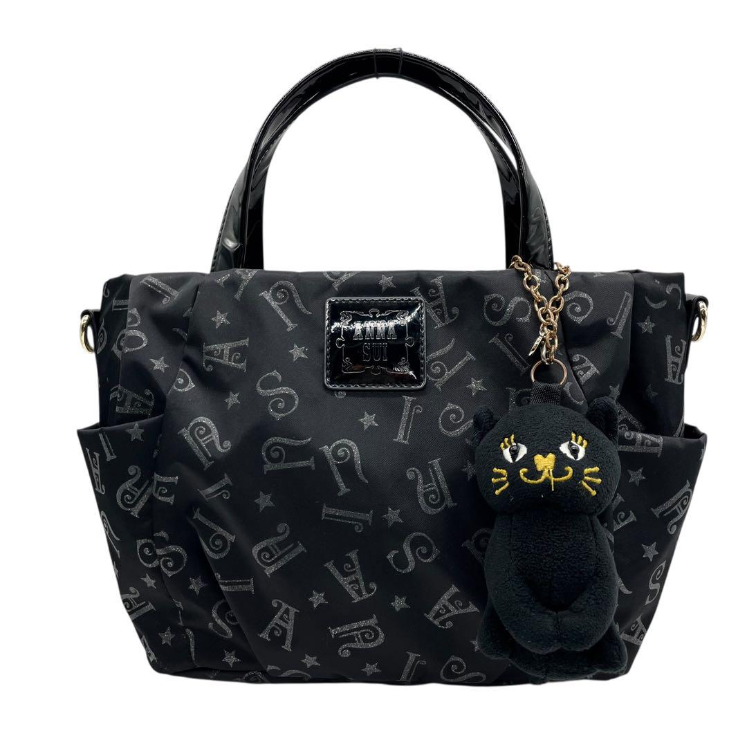極美品 アナスイ ハンドバッグ 黒 総柄 猫チャーム ナイロン パテントレザー 2way エナメル ブラック ゴールド金具 ラメ 斜め掛け クロスボディ ショルダーバッグ ANNASUI J