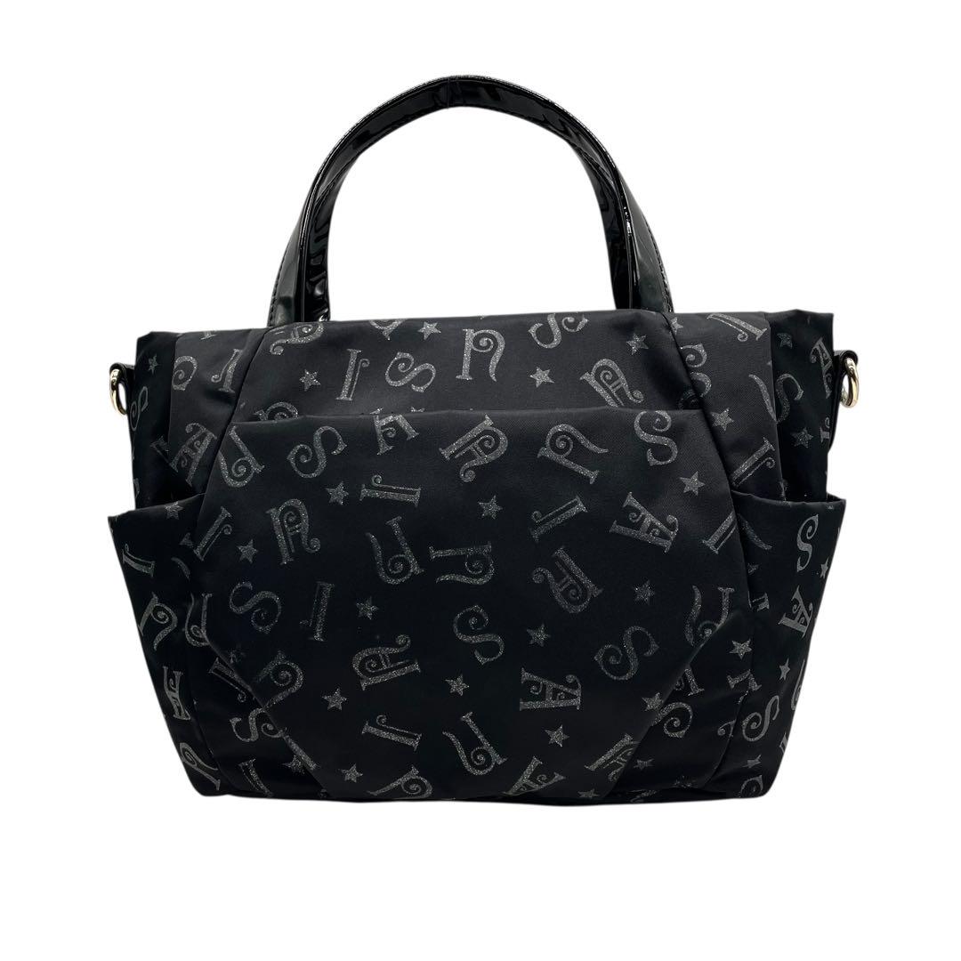 極美品 アナスイ ハンドバッグ 黒 総柄 猫チャーム ナイロン パテントレザー 2way エナメル ブラック ゴールド金具 ラメ 斜め掛け クロスボディ ショルダーバッグ ANNASUI J