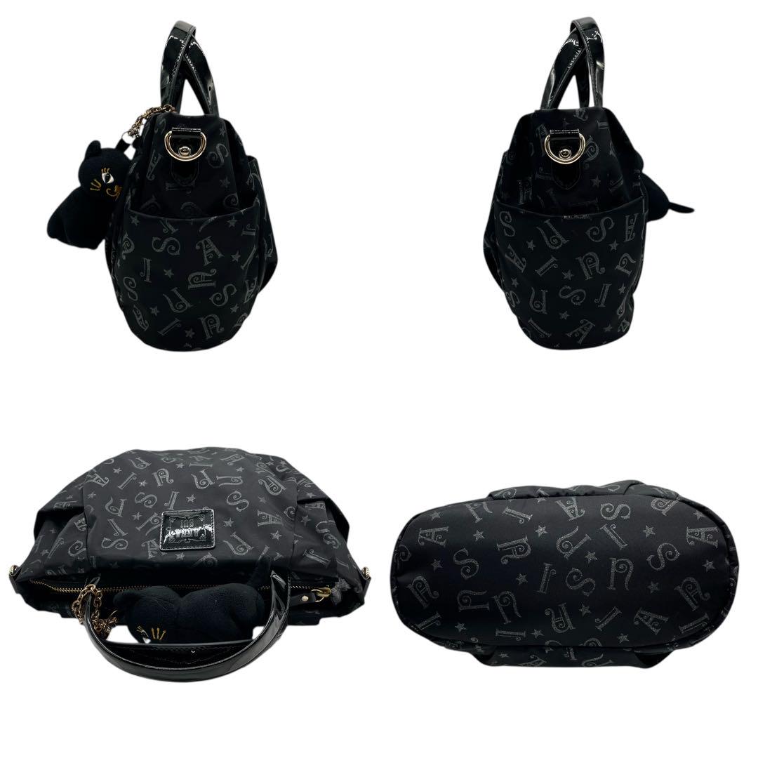 極美品 アナスイ ハンドバッグ 黒 総柄 猫チャーム ナイロン パテントレザー 2way エナメル ブラック ゴールド金具 ラメ 斜め掛け クロスボディ ショルダーバッグ ANNASUI J