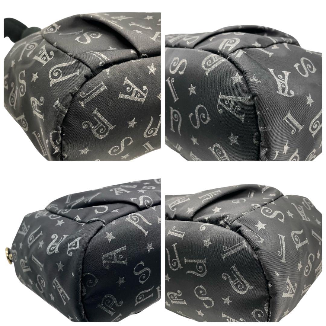 極美品 アナスイ ハンドバッグ 黒 総柄 猫チャーム ナイロン パテントレザー 2way エナメル ブラック ゴールド金具 ラメ 斜め掛け クロスボディ ショルダーバッグ ANNASUI J