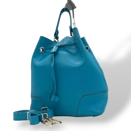 FURLA フルラ ショルダーバッグ バケツ型 巾着 2way 斜め掛け可 レザー 本革 ブルー系 ゴールド金具 ロゴ ハンドバッグ トート u14