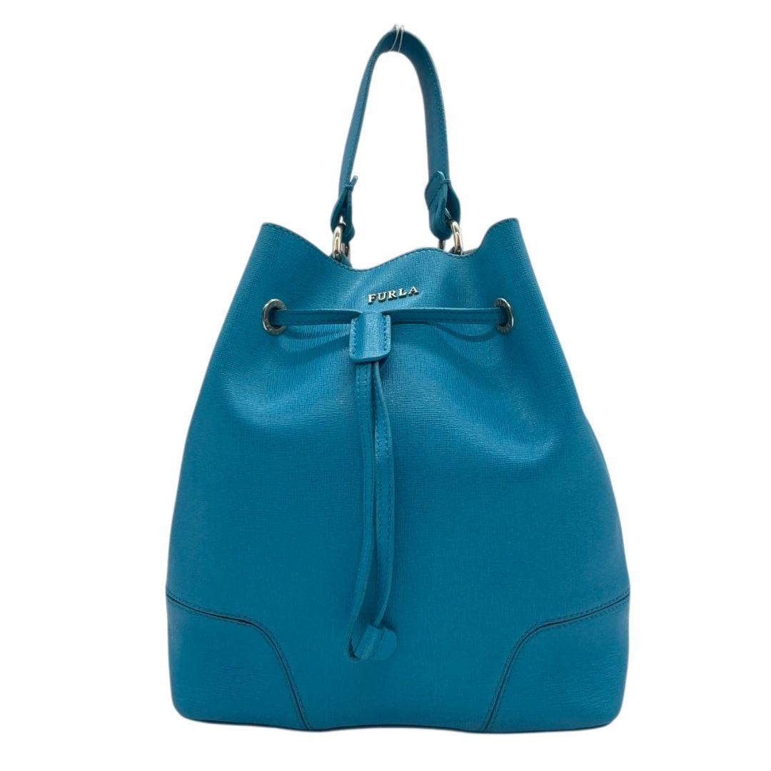 FURLA フルラ ショルダーバッグ バケツ型 巾着 2way 斜め掛け可 レザー 本革 ブルー系 ゴールド金具 ロゴ ハンドバッグ トート u14