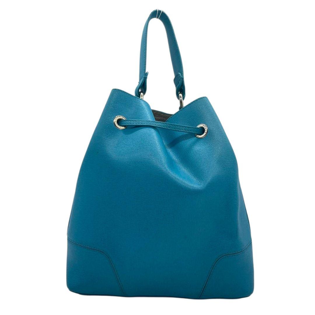 FURLA フルラ ショルダーバッグ バケツ型 巾着 2way 斜め掛け可 レザー 本革 ブルー系 ゴールド金具 ロゴ ハンドバッグ トート u14