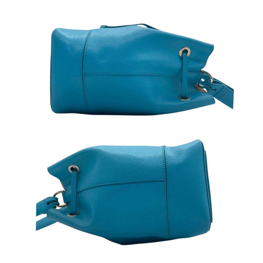 FURLA フルラ ショルダーバッグ バケツ型 巾着 2way 斜め掛け可 レザー 本革 ブルー系 ゴールド金具 ロゴ ハンドバッグ トート u14