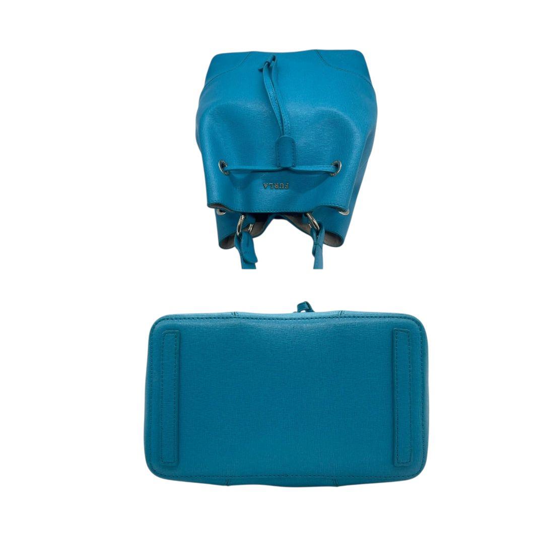 FURLA フルラ ショルダーバッグ バケツ型 巾着 2way 斜め掛け可 レザー 本革 ブルー系 ゴールド金具 ロゴ ハンドバッグ トート u14