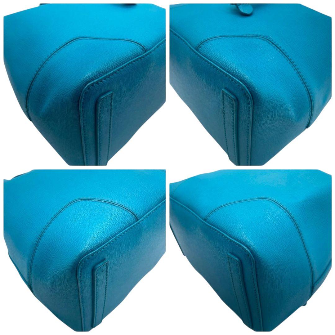 FURLA フルラ ショルダーバッグ バケツ型 巾着 2way 斜め掛け可 レザー 本革 ブルー系 ゴールド金具 ロゴ ハンドバッグ トート u14