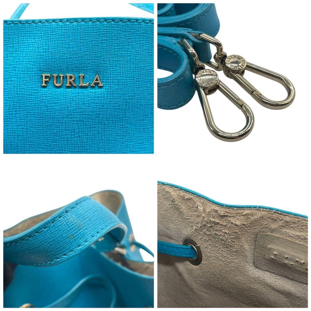 FURLA フルラ ショルダーバッグ バケツ型 巾着 2way 斜め掛け可 レザー 本革 ブルー系 ゴールド金具 ロゴ ハンドバッグ トート u14