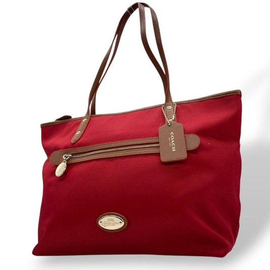 美品 コーチ トートバッグ 赤 A4収納 ワンショルダー キャンバス u16 ハンドバッグ 肩掛け可 肩かけ可 レッド レザー ゴールド金具 ロゴプレート ロゴタグ チャーム付き COACH F37237