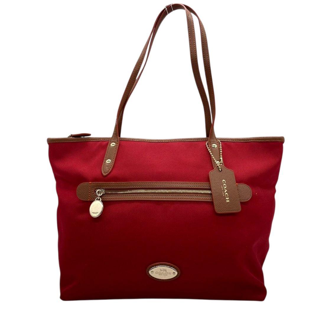 美品 コーチ トートバッグ 赤 A4収納 ワンショルダー キャンバス u16 ハンドバッグ 肩掛け可 肩かけ可 レッド レザー ゴールド金具 ロゴプレート ロゴタグ チャーム付き COACH F37237