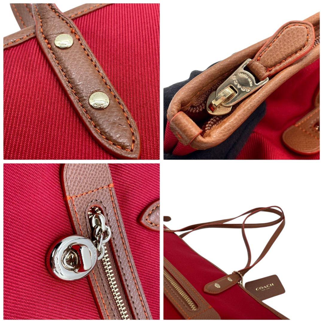 美品 コーチ トートバッグ 赤 A4収納 ワンショルダー キャンバス u16 ハンドバッグ 肩掛け可 肩かけ可 レッド レザー ゴールド金具 ロゴプレート ロゴタグ チャーム付き COACH F37237