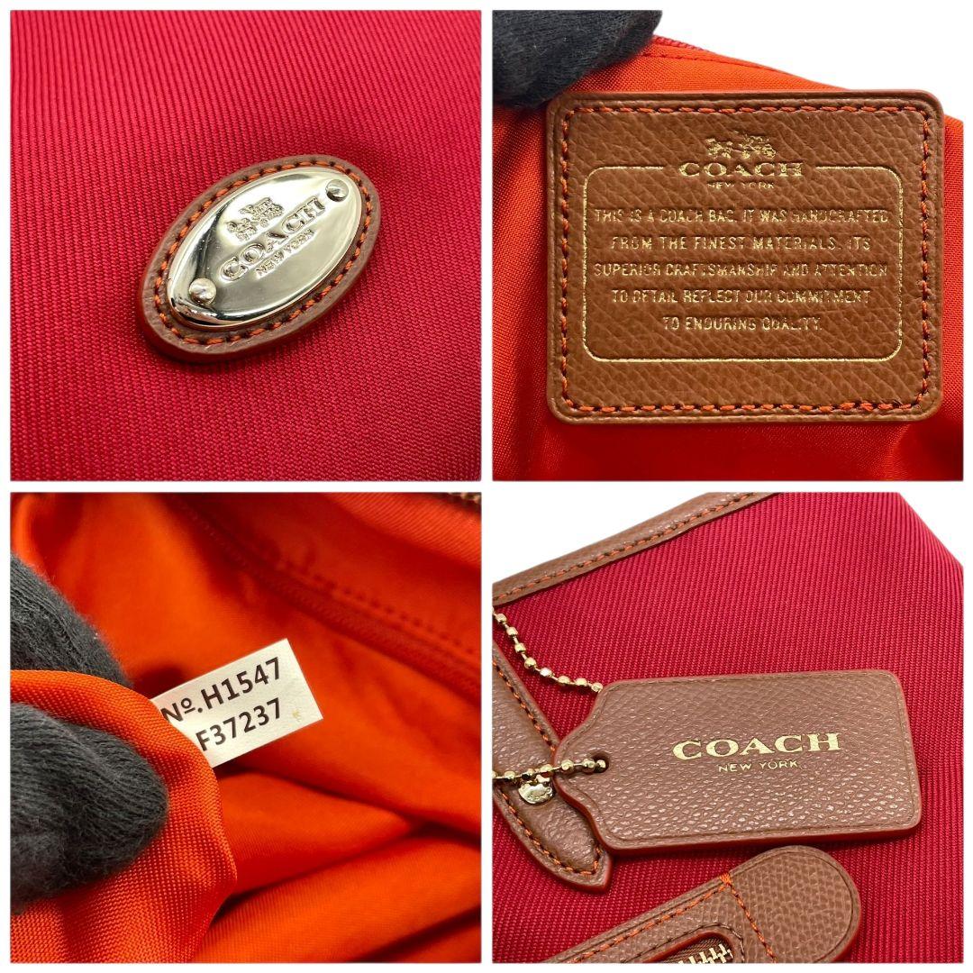 美品 コーチ トートバッグ 赤 A4収納 ワンショルダー キャンバス u16 ハンドバッグ 肩掛け可 肩かけ可 レッド レザー ゴールド金具 ロゴプレート ロゴタグ チャーム付き COACH F37237