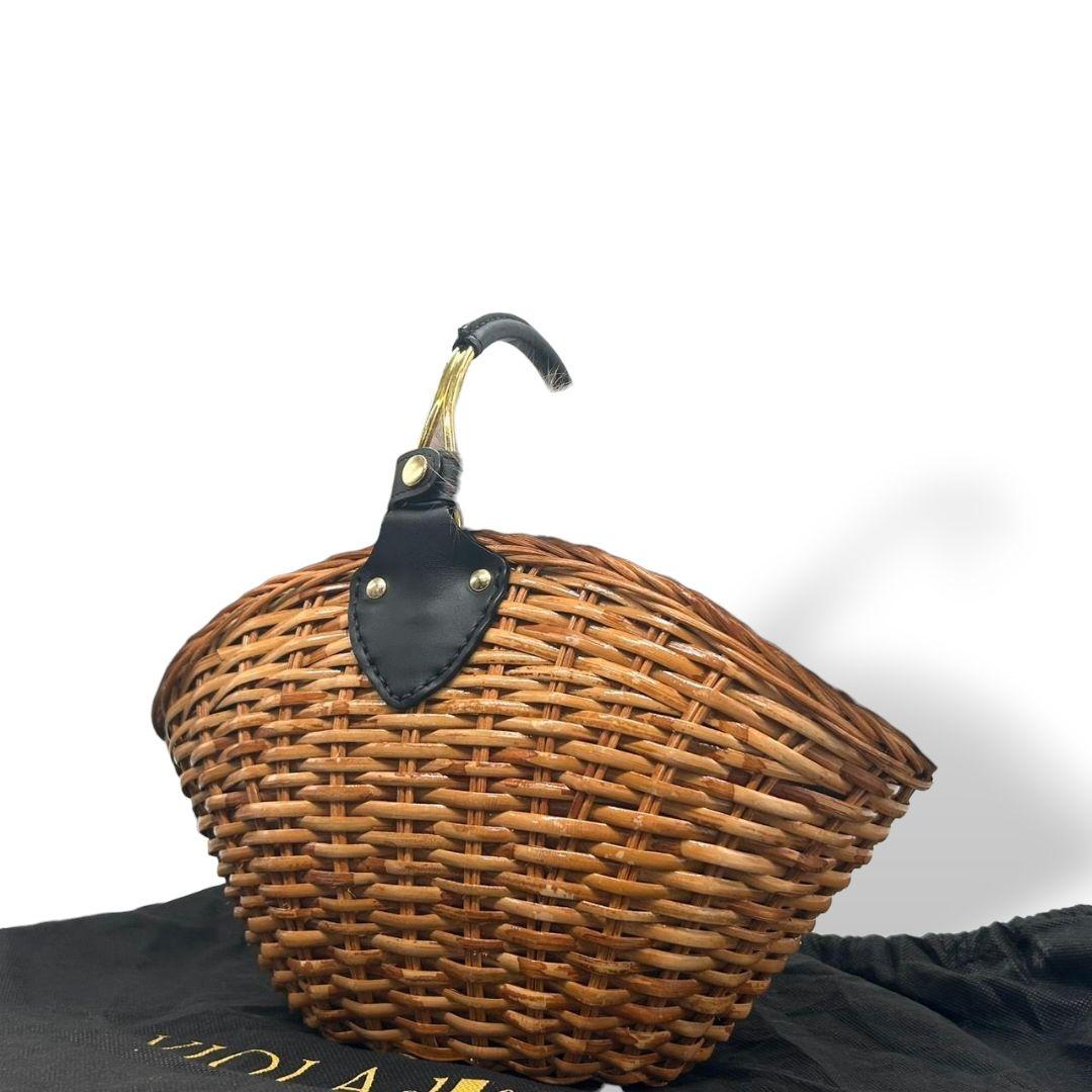 美品 ヴィオラドーロ かごバッグ 茶 ブラウン ファー グレー バケツ型 ラタン 自立可 ハンドバッグ トートバッグ ゴールド金具 VIOLAdORO F