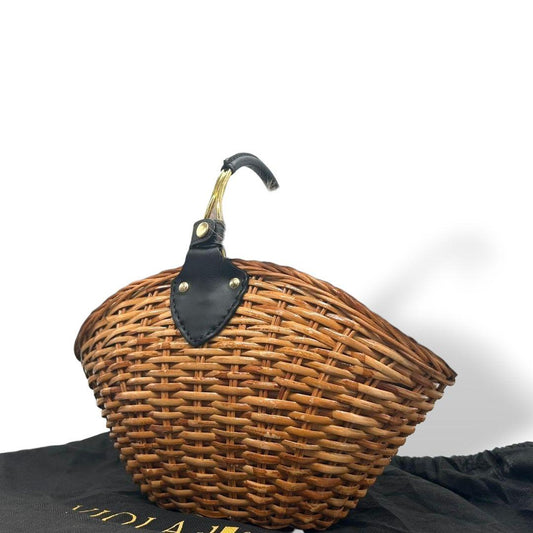 美品 ヴィオラドーロ かごバッグ 茶 ブラウン ファー グレー バケツ型 ラタン 自立可 ハンドバッグ トートバッグ ゴールド金具 VIOLAdORO F