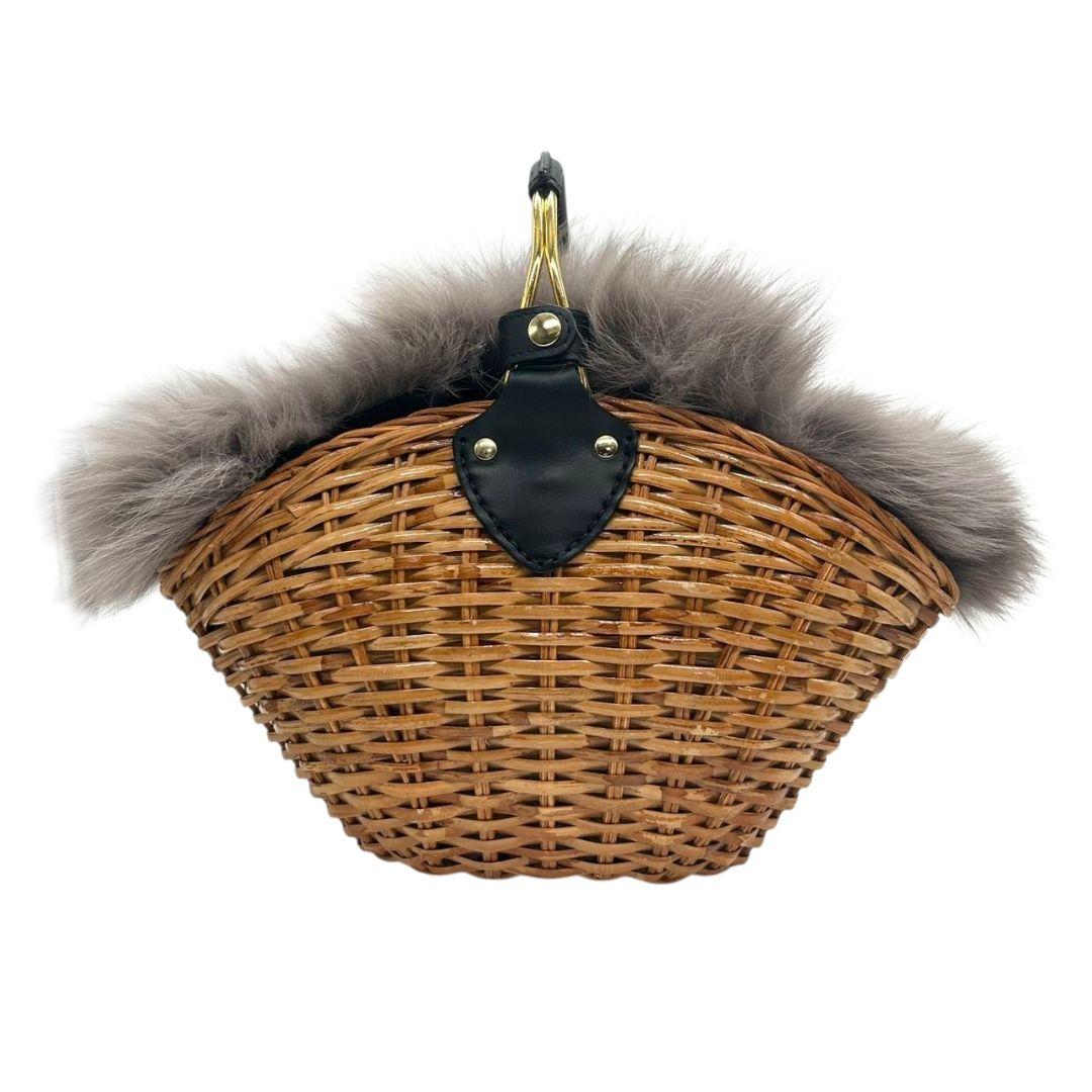 美品 ヴィオラドーロ かごバッグ 茶 ブラウン ファー グレー バケツ型 ラタン 自立可 ハンドバッグ トートバッグ ゴールド金具 VIOLAdORO F