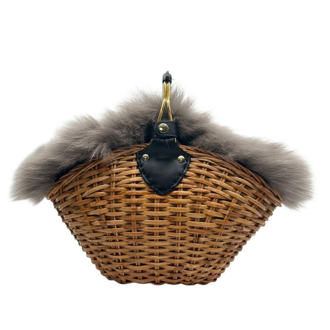美品 ヴィオラドーロ かごバッグ 茶 ブラウン ファー グレー バケツ型 ラタン 自立可 ハンドバッグ トートバッグ ゴールド金具 VIOLAdORO F