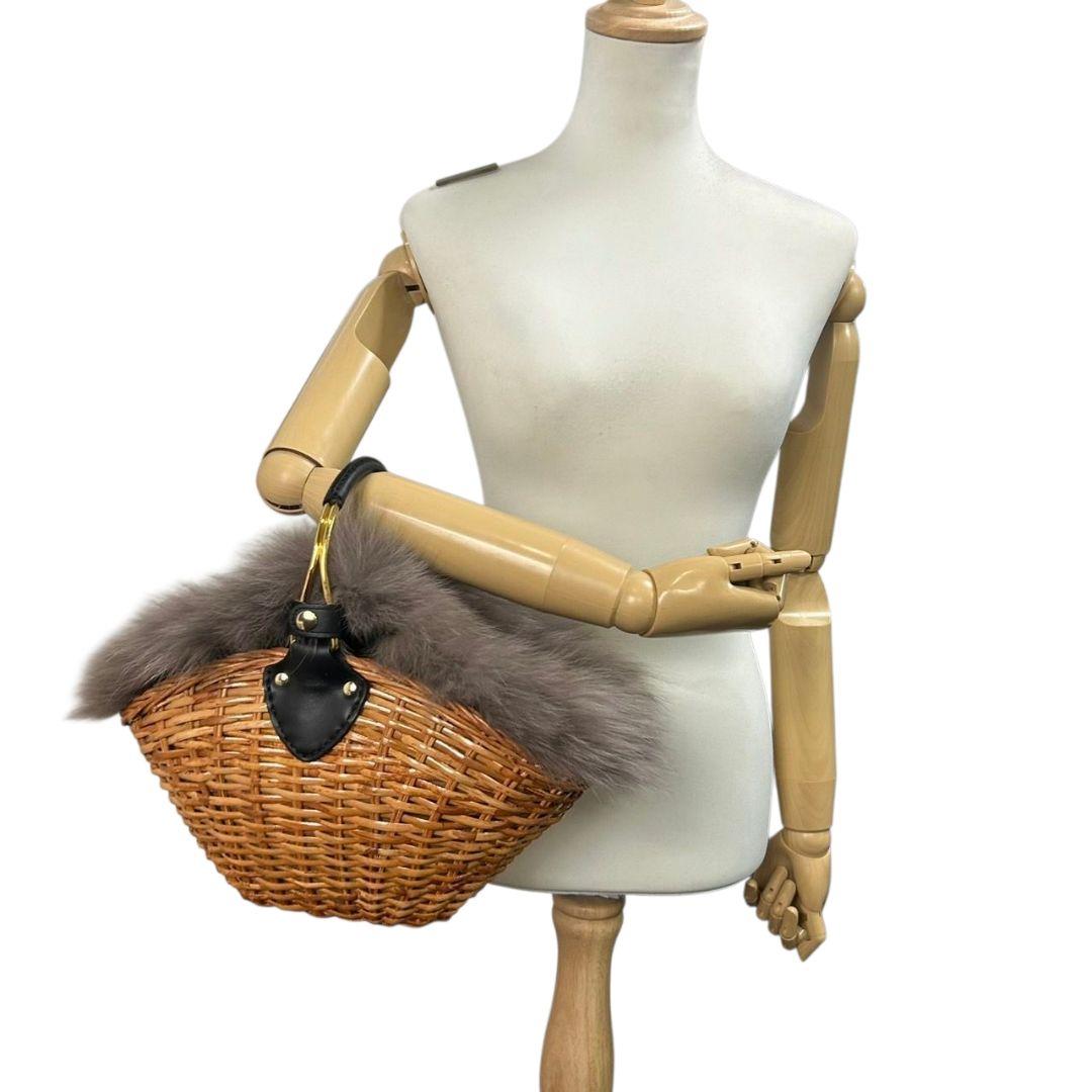美品 ヴィオラドーロ かごバッグ 茶 ブラウン ファー グレー バケツ型 ラタン 自立可 ハンドバッグ トートバッグ ゴールド金具 VIOLAdORO F