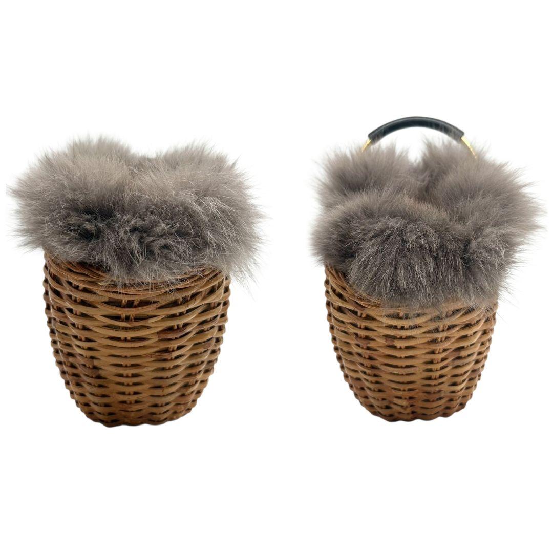 美品 ヴィオラドーロ かごバッグ 茶 ブラウン ファー グレー バケツ型 ラタン 自立可 ハンドバッグ トートバッグ ゴールド金具 VIOLAdORO F