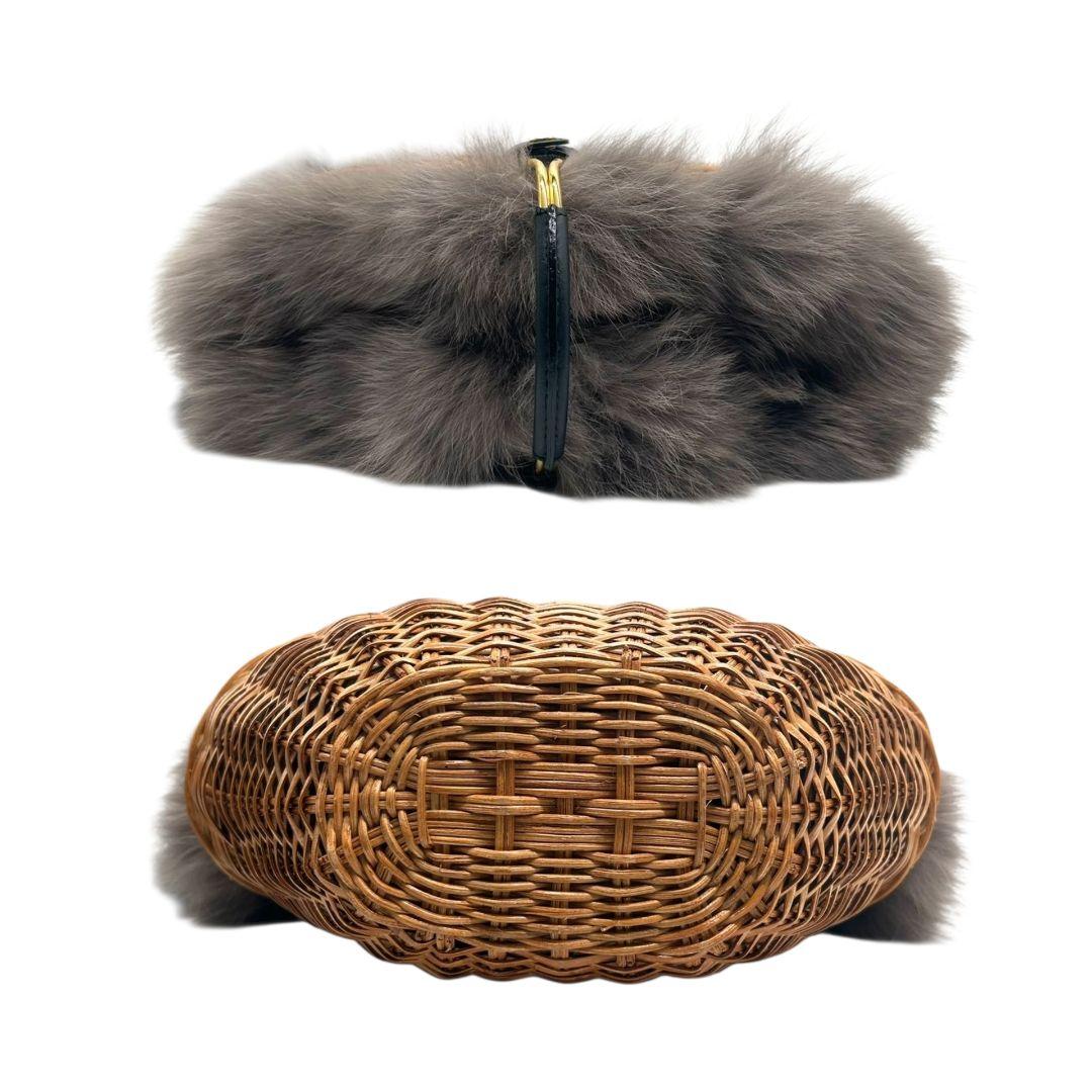 美品 ヴィオラドーロ かごバッグ 茶 ブラウン ファー グレー バケツ型 ラタン 自立可 ハンドバッグ トートバッグ ゴールド金具 VIOLAdORO F