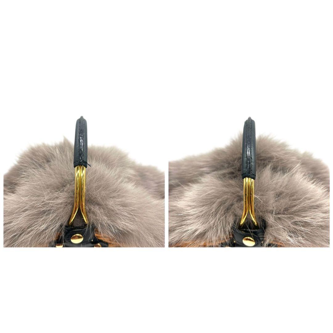 美品 ヴィオラドーロ かごバッグ 茶 ブラウン ファー グレー バケツ型 ラタン 自立可 ハンドバッグ トートバッグ ゴールド金具 VIOLAdORO F