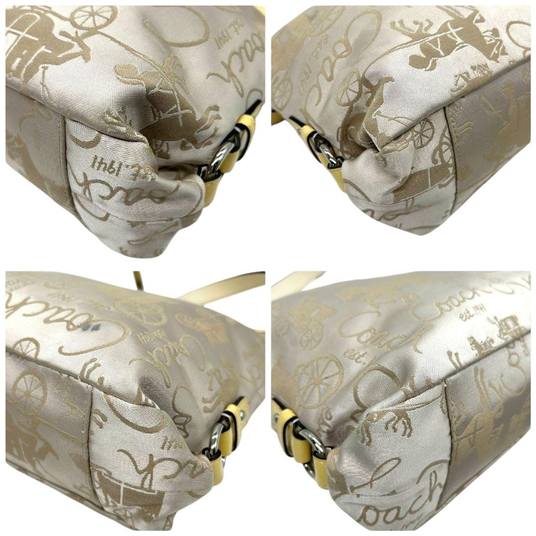 コーチ ショルダーバッグ 黄 イエロー ベージュ 馬車柄 ホースアンドキャリッジ 2way トートバッグ ハンドバッグ 斜め掛け可 ナイロン パテント s63 シルバー金具 COACH F16222