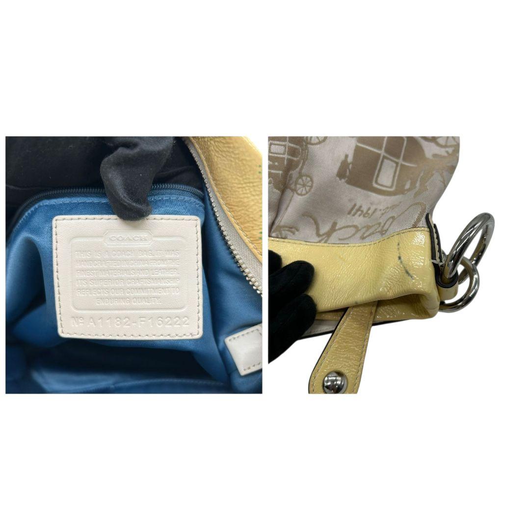 コーチ ショルダーバッグ 黄 イエロー ベージュ 馬車柄 ホースアンドキャリッジ 2way トートバッグ ハンドバッグ 斜め掛け可 ナイロン パテント s63 シルバー金具 COACH F16222