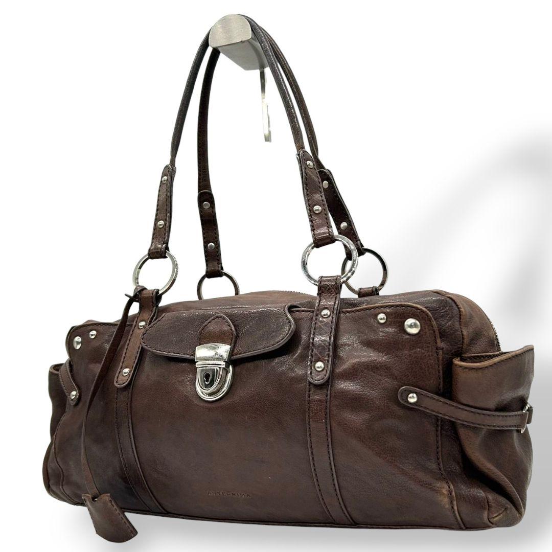 アンテプリマ ハンドバッグ ブラウン 茶 フラップ ターンロック スタッズ レザー 本革 トートバッグ 自立可 肩掛け可 肩かけ可 ワンショルダー シルバー金具 s34 ANTEPRIMA 上品 高級感