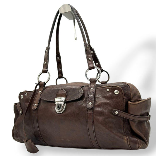 アンテプリマ ハンドバッグ ブラウン 茶 フラップ ターンロック スタッズ レザー 本革 トートバッグ 自立可 肩掛け可 肩かけ可 ワンショルダー シルバー金具 s34 ANTEPRIMA 上品 高級感