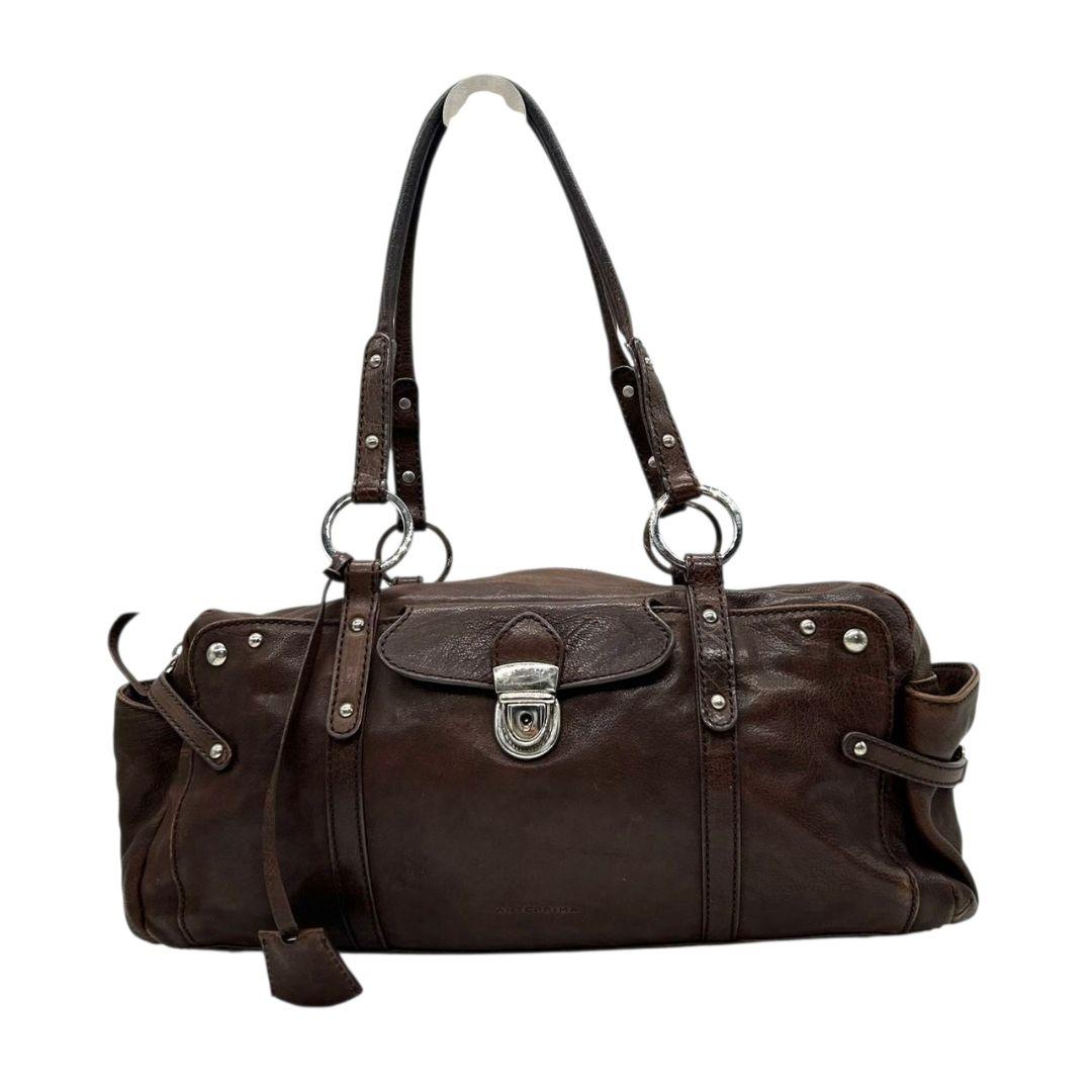 アンテプリマ ハンドバッグ ブラウン 茶 フラップ ターンロック スタッズ レザー 本革 トートバッグ 自立可 肩掛け可 肩かけ可 ワンショルダー シルバー金具 s34 ANTEPRIMA 上品 高級感
