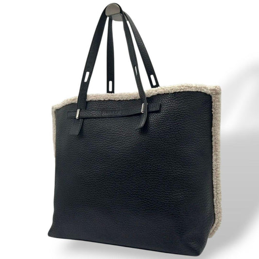 美品 フルラ トートバッグ 黒 ボア A4収納 レザー FURLA T6 本革 ハンドバッグ ブラック ロゴ ムートン 肩掛け可 ワンショルダー 自立可