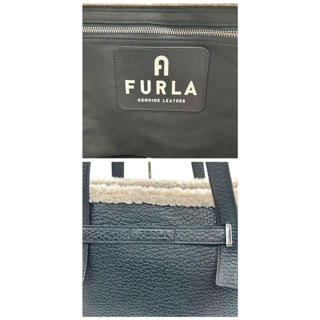美品 フルラ トートバッグ 黒 ボア A4収納 レザー FURLA T6 本革 ハンドバッグ ブラック ロゴ ムートン 肩掛け可 ワンショルダー 自立可