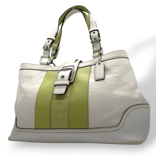 コーチ ハンドバッグ 白 バイカラー ワンショルダー レザー 本革 T2 トートバッグ COACH 肩掛け可 肩かけ可 シルバー金具 ロゴタグ F11345 ホワイト グリーン