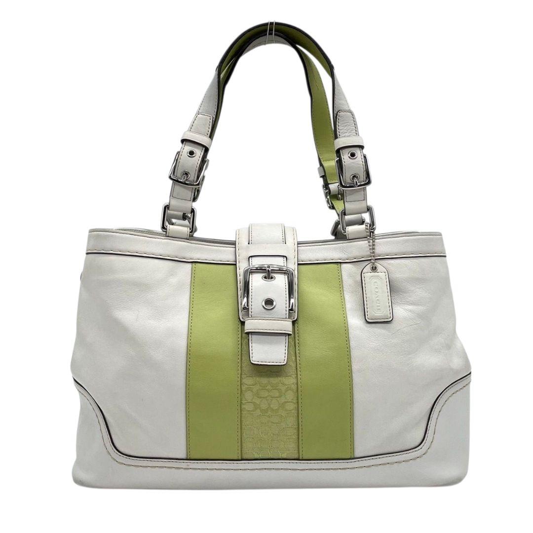コーチ ハンドバッグ 白 バイカラー ワンショルダー レザー 本革 T2 トートバッグ COACH 肩掛け可 肩かけ可 シルバー金具 ロゴタグ F11345 ホワイト グリーン