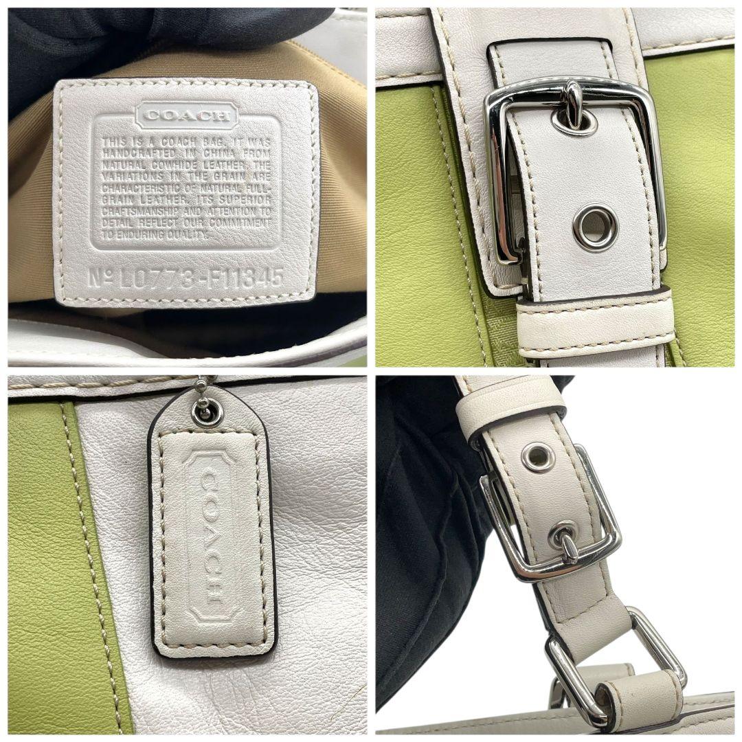コーチ ハンドバッグ 白 バイカラー ワンショルダー レザー 本革 T2 トートバッグ COACH 肩掛け可 肩かけ可 シルバー金具 ロゴタグ F11345 ホワイト グリーン