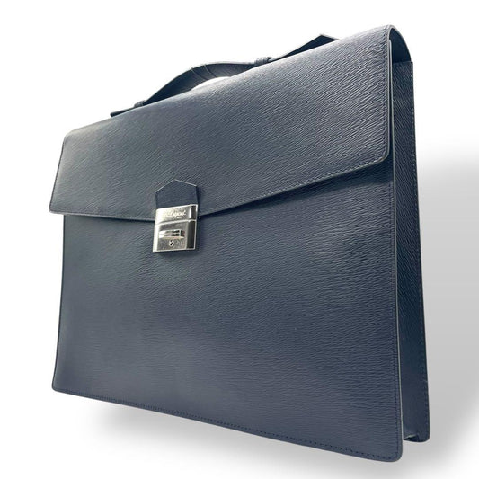 デュポン ビジネスバッグ ネイビー レザー ブリーフケース フラップ シルバー金具 ロゴ刻印 A4収納可 大容量 通勤 出張 自立型 ハンドバッグ メンズ