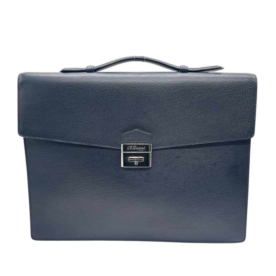 デュポン ビジネスバッグ ネイビー レザー ブリーフケース フラップ シルバー金具 ロゴ刻印 A4収納可 大容量 通勤 出張 自立型 ハンドバッグ メンズ
