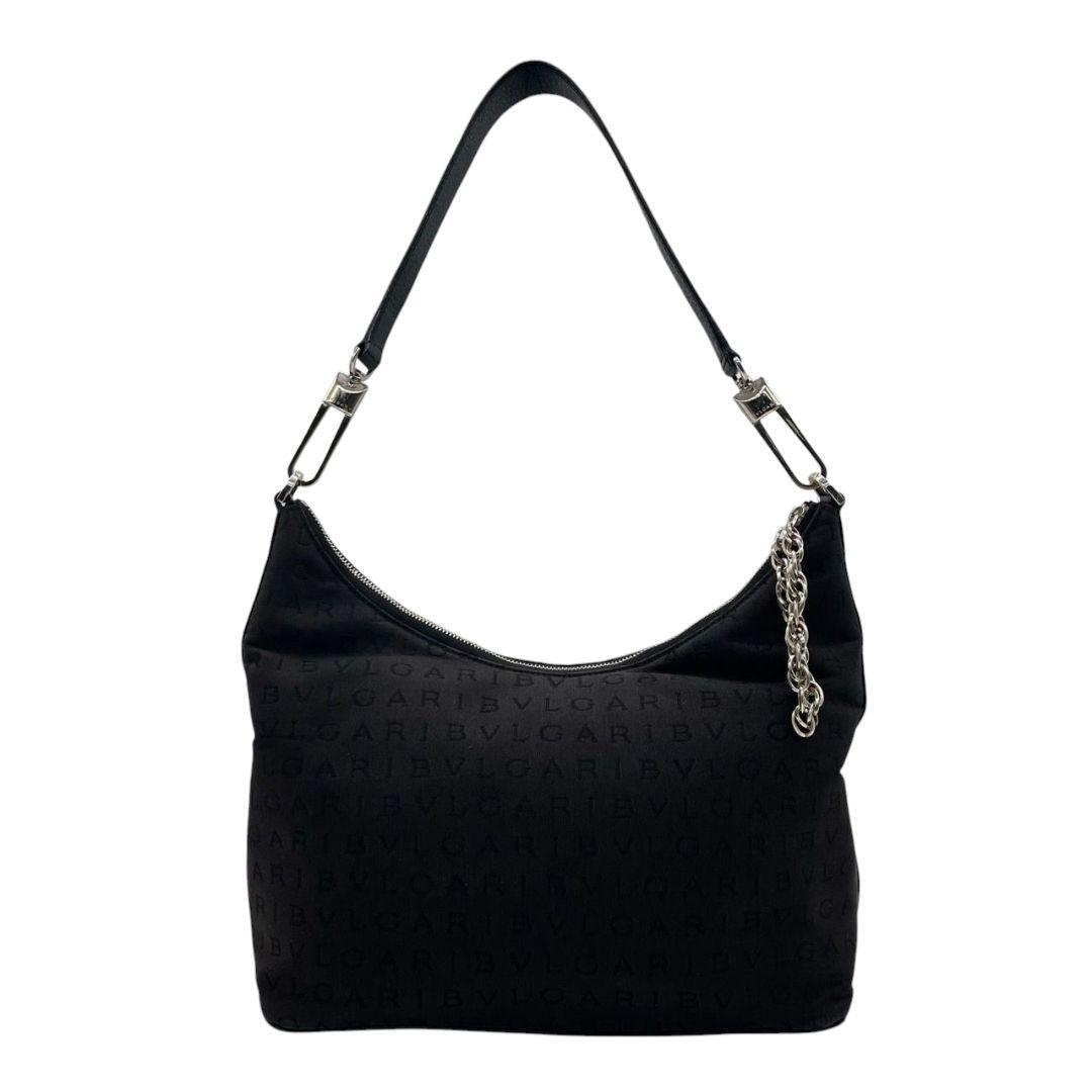 美品 ブルガリ ショルダーバッグ 黒 ブラック ロゴマニア キャンバス チェーン ワンショル 自立可 シルバー金具 本物保証 鑑定済 オシャレ BVLGARI s9