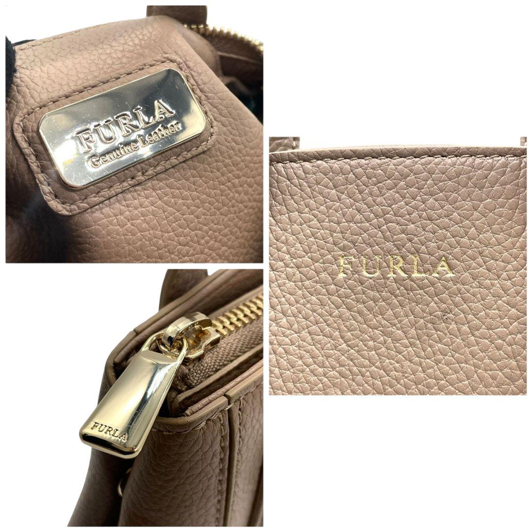 フルラ 2way レザー ハンドバッグ グレージュ ショルダーバッグ トートバッグ 斜め掛け可 ゴールド金具 ロゴプレート 本革