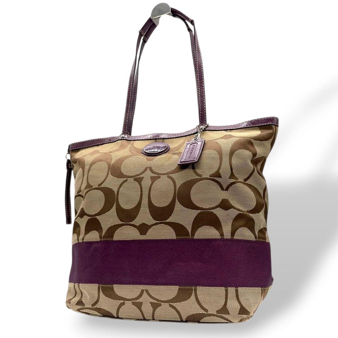 コーチ トートバッグ 茶 ブラウン パープル シグネチャー ワンショル A4収納可 ハンドバッグ キャンバス レザー 本革 肩掛け可 シルバー金具 ロゴタグ ロゴプレート COACH F15110